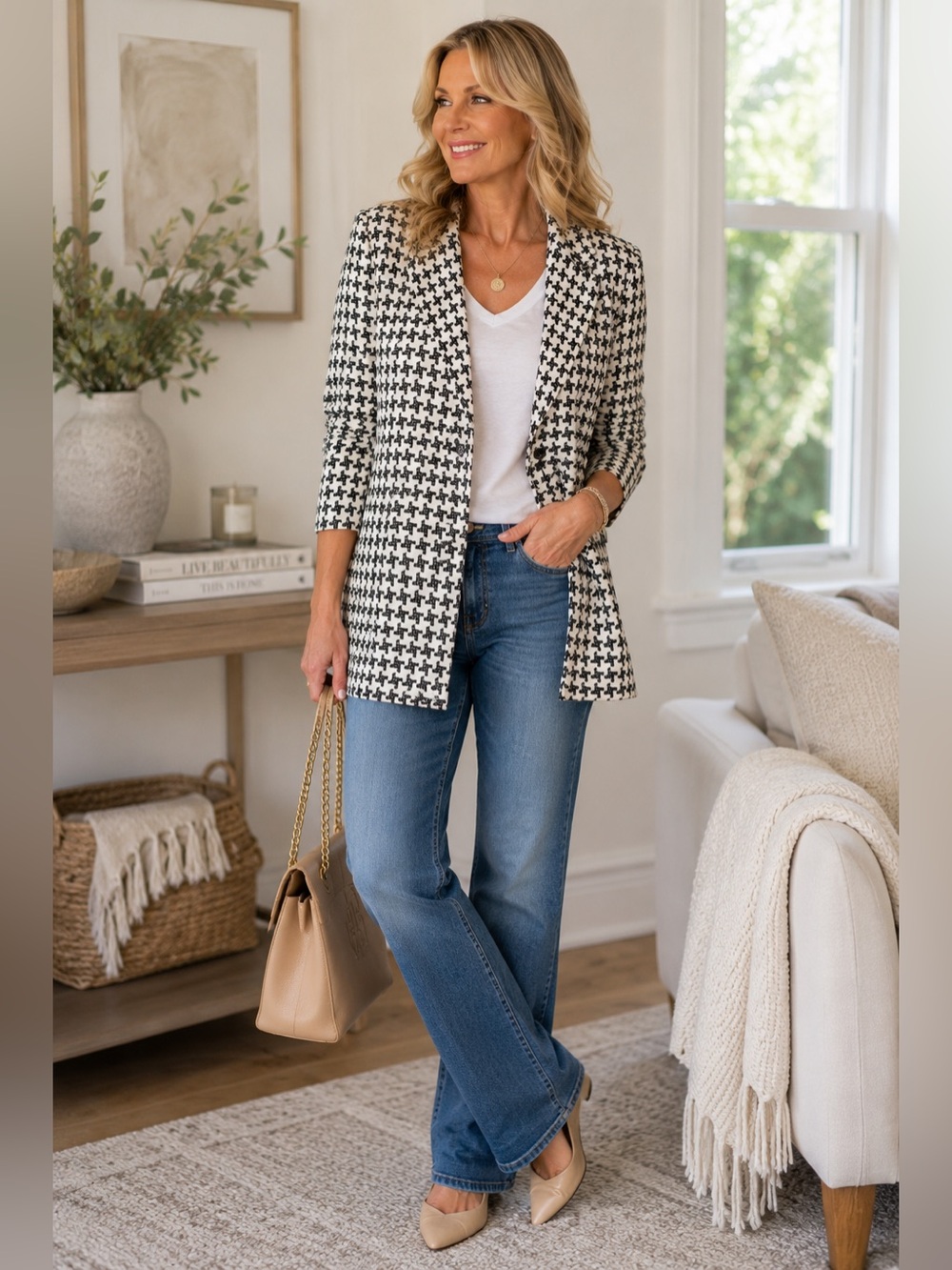 St. John Black & White Houndstooth Knit Blazer Jacket Ptp 17 length 31